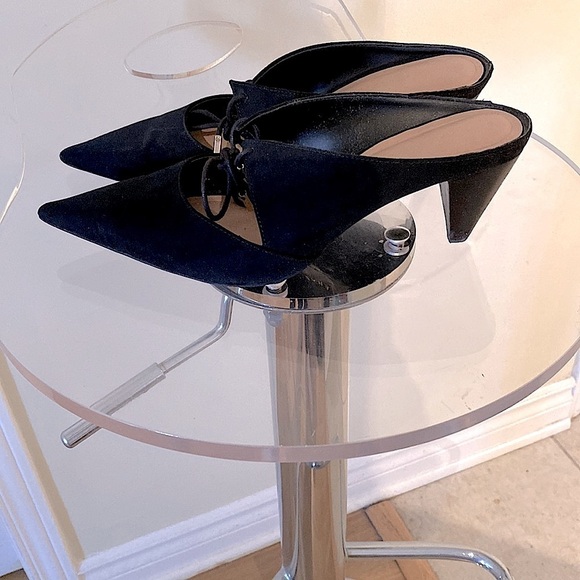 Zara Zapato Tacón Cono Lazada  black mules soft suede like fabric,laces 🖤🖤 - Picture 4 of 7
